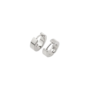 Close-up of polished silver stainless steel hoop earrings with a hinged closure