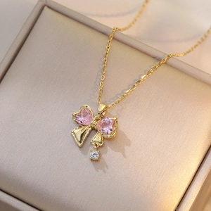 Pink heart crystal butterfly pendant necklace in gold plated stainless steel for women