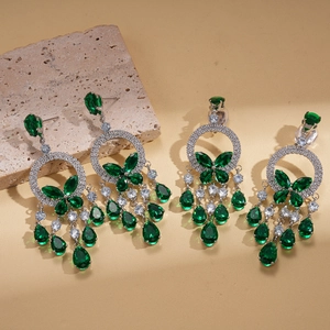 Luxe zircon butterfly water drop tassel earrings with green gemstones and white rhinestones