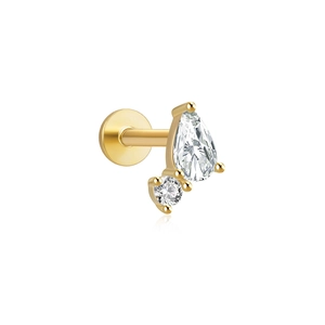 Macro shot of gold-plated flat back ear stud with pear and round-cut clear zircons