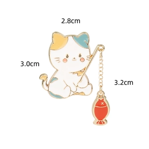 Detail view of cat fishing enamel pin with dimensions 2.8cm width and 3.2cm height