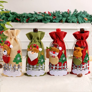 Christmas Wine Bottle Cover Polyester Burlap Style 3D Santa Snowman Reindeer Bear Applique Drawstring Bag Holiday Decor