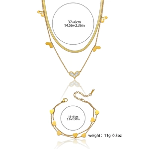 Double layer stainless steel heart necklace and bracelet set with dimensions details