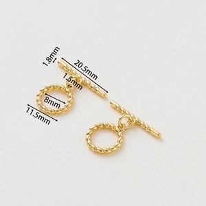 Detailed size chart for 14k gold-plated OT toggle clasp with twisted metal design