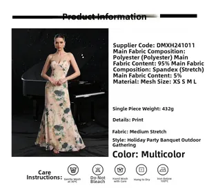 Floral print maxi dress detail with 95% polyester mesh fabric and size guide specs