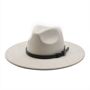 Classic wide brim fedora hat in cream white suede with a black leather band and sun buckle