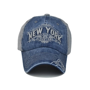 Close-up of vintage New York 1985 3D embroidery on washed cotton baseball cap