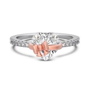 S925 sterling zilveren hartring met roségouden strik en pavé diamantaccenten