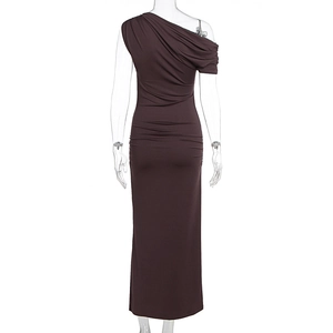 Detail of the back ruched design on this elegant dark brown one-shoulder long dress