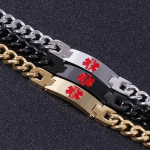 Polished stainless steel medical alert bracelets in silver, black and gold finishes