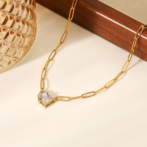 18k gold plated stainless steel necklace featuring square and heart cubic zirconia stones