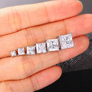 Classic square cz stud earrings in six graduated sizes with silver plated prong setting