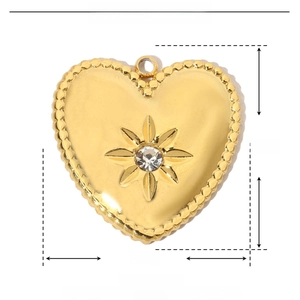 Detailed dimensions of gold heart pendant with rhinestones and stainless steel specs