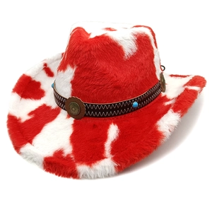 Faux fur cow print western cowboy hat with turquoise beaded band on white background