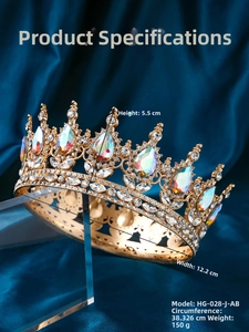 Detail view of gold bridal tiara showing dimensions and rainbow rhinestone settings