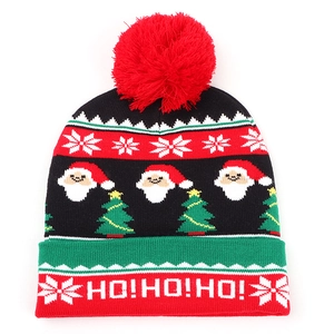 Detailed knit pattern of Christmas beanie with Santa, tree motifs and HO! HO! text