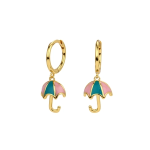 Detailed macro shot of S925 silver umbrella earrings with pink and cyan enamel finish