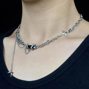 Multilayer titanium steel necklace with black gemstone and star pendant in punk style