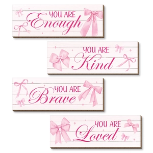 Set of 4 rustic farmhouse wood wall signs with pink bows and inspirational quotes