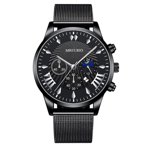 Fashionable men's multi-function watch with black Milanese strap and sunburst dial