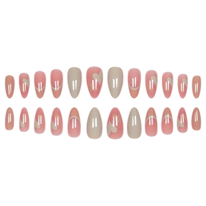 Pink and white heart almond press-on nails with minimalist French lines, 24-piece set