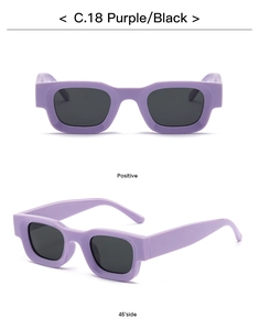 Detail view of purple C.18 square polarized sunglasses with black lenses and thick frames