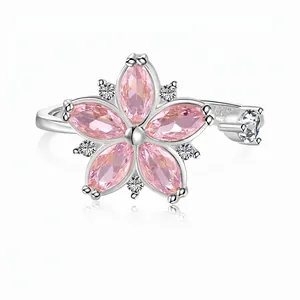 Ins Style S925 Sterling Silver Spinning Flower Ring For Women Adjustable Pink Zirconia Inlaid Electroplated Decompression Jewelry Gift