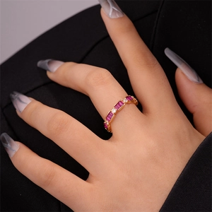 Detailed close-up of eternity ring with alternating red rubies and sparkling white diamonds