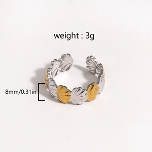 Detail view of two-tone leaf pattern open ring showing 8mm width and 3g weight specifications