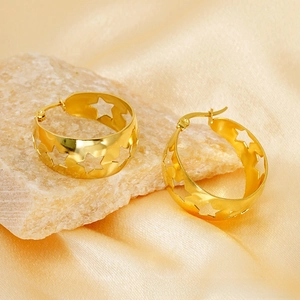 Detailed close-up of 18K gold plated hoop earrings with hollow star patterns on stones