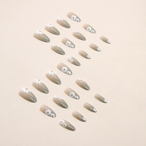 Green gradient almond press-on nails with white flower patterns for girls and women