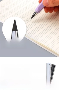 Detail of the inkless eternal pencil showing the replaceable nib and eraser feature