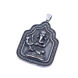 Vintage silver titanium steel Ganesha pendant necklace with intricate engraved details