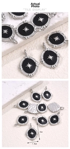 Detailed view of oval vintage star pendants with black enamel and silver engraving