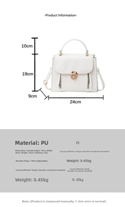 Detailed size chart for the PU leather crossbody bag with dimensions and strap info