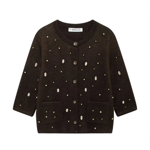 Women Knit Cardigan Elegant Round Neck Half Sleeve Single Breasted Button Top Rhinestone Gold Stud Sweater Brown