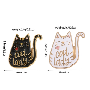 Cat Lady enamel brooch pins in black and white with gold trim, size 33mm and 6.4g weight