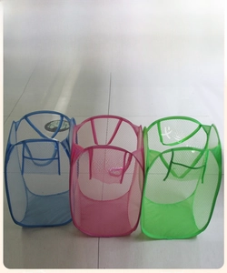 Three-color foldable mesh laundry baskets in blue, pink, and green with side pockets