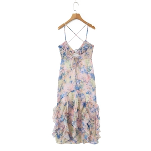Detail of floral spaghetti strap maxi dress with back lace-up and tiered ruffle hemline