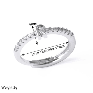 Silver letter R ring detail with 17mm inner diameter and sparkling cubic zirconia stones