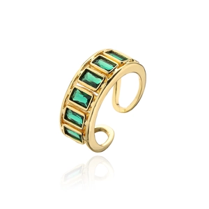 Detailed view of adjustable gold ring with five rectangular green zircon stones