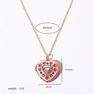 Pink heart locket necklace with colorful stones and stars on golden chain, 45+5cm length