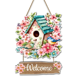 Welcome Sign Wooden Birdhouse Floral Door Decor Spring Flowers Birds Farmhouse Rustic Hanging Plaque For Home Entrance