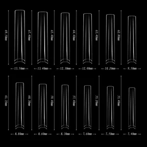 Size chart showing 12 sizes of extra long 5XL clear coffin false nail tips in millimeters