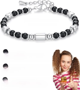 Detail view of 4mm black onyx and stainless steel beaded bracelet with an adjustable chain