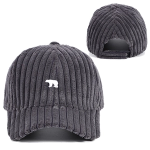 Dark grey corduroy baseball cap with polar bear embroidery and adjustable back strap