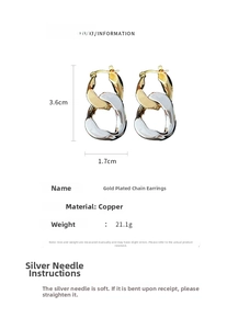 Detail view of two-tone chain hoop earrings with real gold plating and silver posts