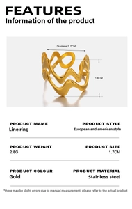 Detail view of 18K gold plated stainless steel wave ring with size measurements