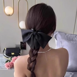 Elegant oversized black silk bow hair clip for women, french style vintage hair accessory