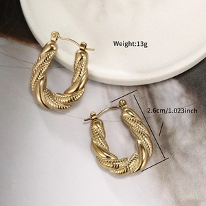 Detailed view of gold twisted U-shaped hoop earrings with dimensions and weight info